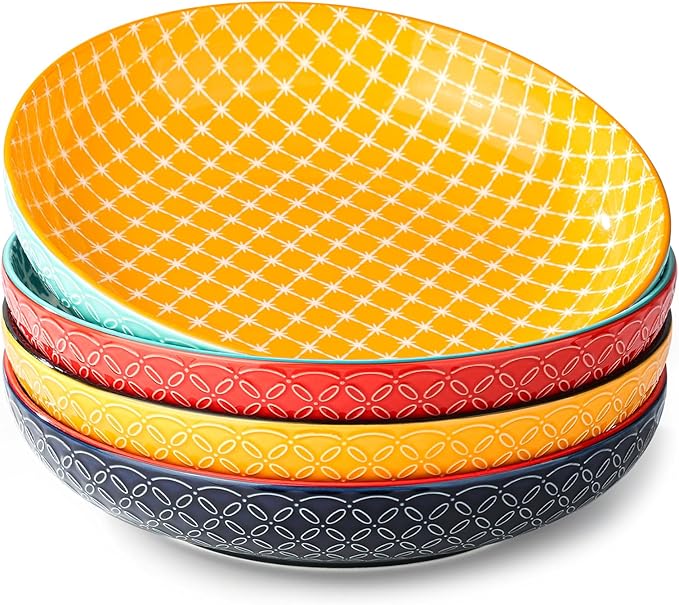 DOWAN 10" Vibrant Pasta, Salad & Soup Serving Bowls Set of 4, Embossed Large Porcelain Ceramic, Microwave & Dishwasher Safe, Bonita Design Dinnerware Dishes for Daily Dining, Family Gatherings, Party