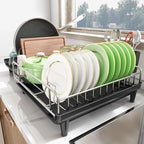 SNTD Dish Drying Rack - Expandable Dish Rack for Kitchen Counter, Large Dish Drainer with Pan Holder, Dish Strainer with Drainboard Cup Holder and Utensil Holder, Black