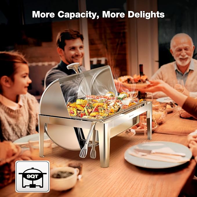 Roll-Top Chafing Dishes for Buffet with Glass Window (9QT) - Rectangular Food-Grade Stainless Steel Chafers for Catering with Rolled Rim Design, for Party, Banquet (1/2 Size Food Pan)