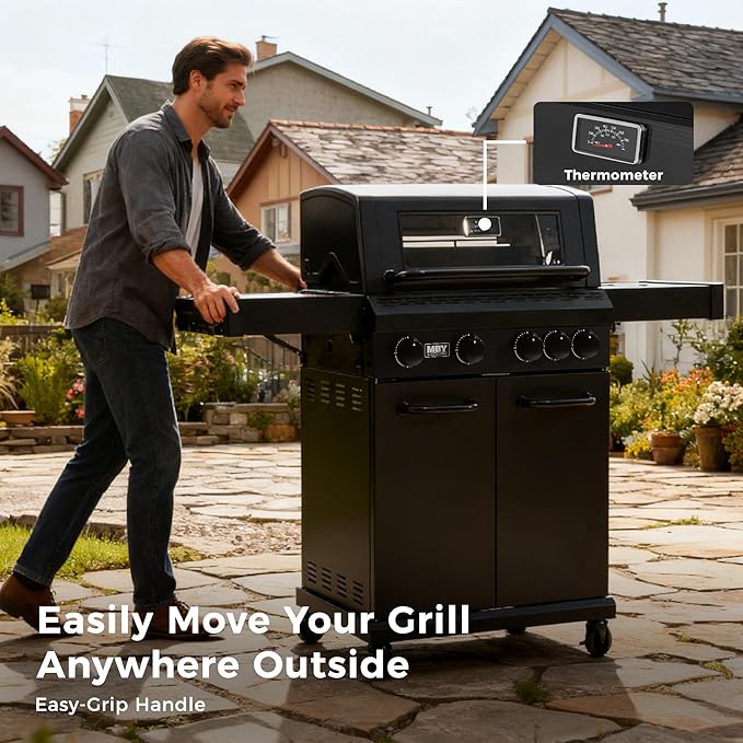 4-Burner Propane Gas Grill, 50,000 BTU Heavy Duty Outdoor BBQ Grill with Side Burner, Cast Iron Cooking Grates & Griddle for Backyard Barbecue