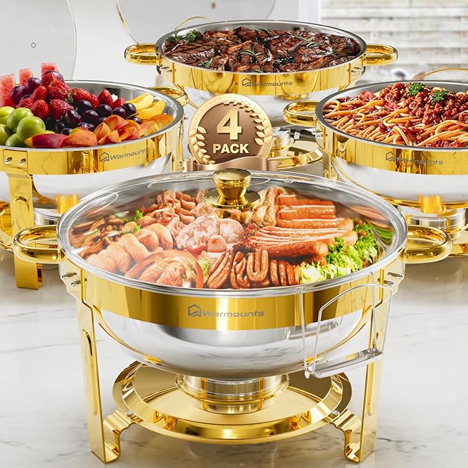 Gold Chafing Dishes for Buffet with Glass Lid (5QT, 4 Pack), Round Stainless Steel Chafers and Buffet Warmers Sets with Lid Holder, Rolled Edge Design, for Catering Events, Parties, Weddings