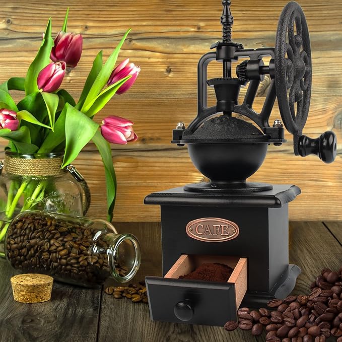 Coffee Grinder,Wooden Coffee Bean Grinder Manual Coffee Grinder Roller, Antique Coffee Mill with Cast Iron Hand Crank for Making Mesh Coffee, Decoration, Best Gift (Black (four deformation base))