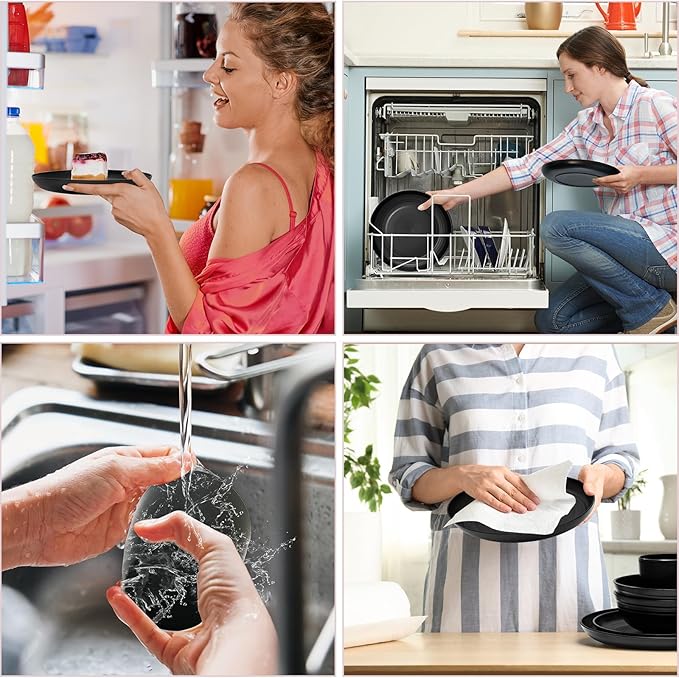 32Pcs Black Plates and Bowls Sets,Lightweight Plastic Dishes Set for 8,Unbreakable Dinnerware Sets,Reusable Plates Set,Dishwasher and Microwave Safe, Dish Sets for Outdoor Camping,RV