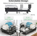 Dish Drying Rack, Expandable Dish Rack for Kitchen Counter, Stainless Steel Dish Drainer with Drainboard Set and Utensil Holder (Black)