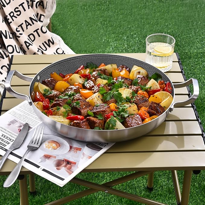 Inqibee 14-Inch Hybrid Tri-Ply Stainless Steel Paella Pan with Lid,Ceramic Non Stick Large Skillet,Induction Cooking Pan,Anti-Scratch,Dishwasher and Oven Safe