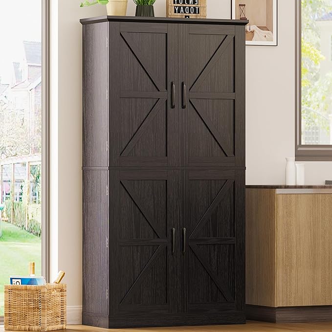 IRONCK Kitchen Pantry Storage Cabinet 72.8" H, 4 Barn Doors with Storage Rack, 4 Adjustable Shelves, Freestanding Cupboard for Dining Room Living Room, Laundry, Black