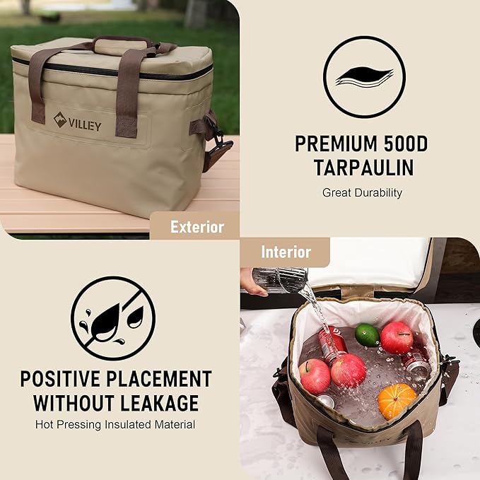 VILLEY Cooler Bag, 30 Cans Insulated Soft Cooler Bag, Large Beach Cooler with Removable Shoulder Strap, Keep Cold/Keep Fresh/Keep Warm, Portable Soft Sided Cooler for Camping Trip Picnic, 20L