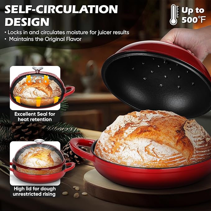 Bread Oven for Sourdough (5.5 QT), Joyfair Enamaled Cast Iron Bread Dutch Oven with Lid, Sourdough Bread Baking Pan with Heavy Duty Dual Handles, Non-Stick & Even Cooking, Oven-safe up to 500°F, Red