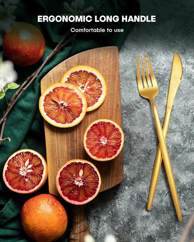 EUIRIO 20-Piece Matte Gold Silverware Set, Modern Flatware Set for 4, Premium Stainless Steel Cutlery Set with Forks Spoons and Knives, Heavy Duty Utensil Sets, Dishwasher Safe