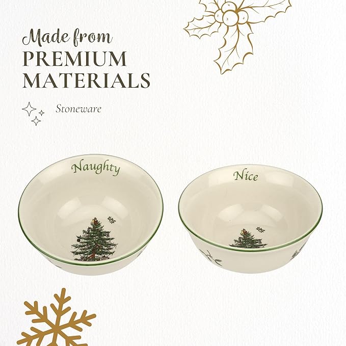 Spode Christmas Tree Dip Bowls - Set of 2, Naughty and Nice, 4-Inch Ceramic Serving Bowls for Holiday Dips, Snacks, Nibbles - Festive Tableware Christmas Tree Design - Dishwasher & Microwave Safe