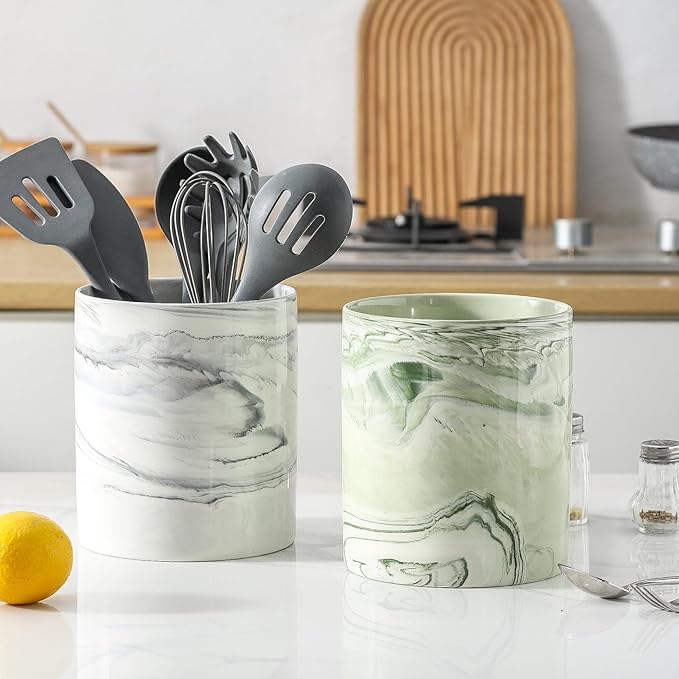 7.2 inch Large Utensil Holder for Kitchen Counter, Golden Marble Utensil Crock Spatula Holder for Countertop Cooking Tools Storage Caddy Farmhouse Kitchen Decor (Marble-Grey)