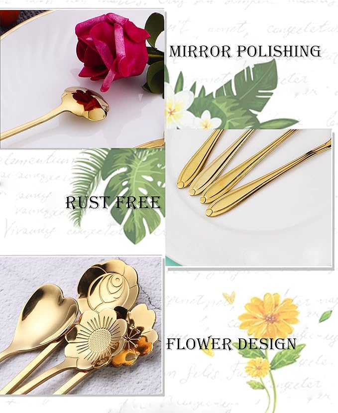 9 Pcs Flower Spoon Coffee Teaspoon Set, ESRISE Stainless Steel Tea Spoon for Tea Party Decorations (Gold)