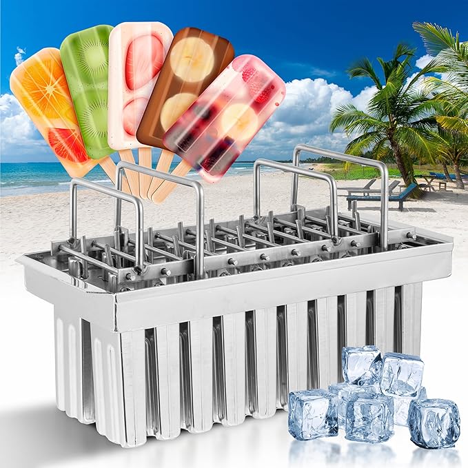 WICHEMI Stainless Steel Popsicle Molds Commercial Ice Pop Molds 20PCS Ice Lolly Popsicle Mould Ice Cream Maker Mold Stick Holder with Lid Single Cup Capacity 85g