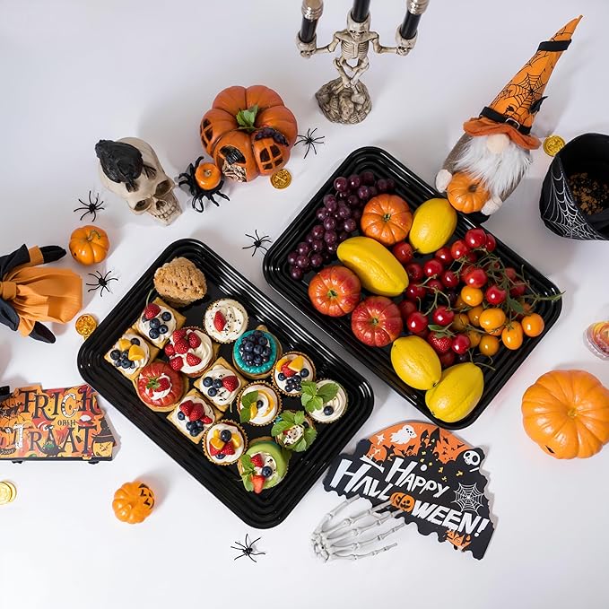 SUT 6-Pack Black Serving Trays for Entertaining-16 x 11" Serving Platters for Snacks, Fruit, Cookies Reusable Plastic Trays for Serving Food and Party Organization in Kitchen & Halloween Parties