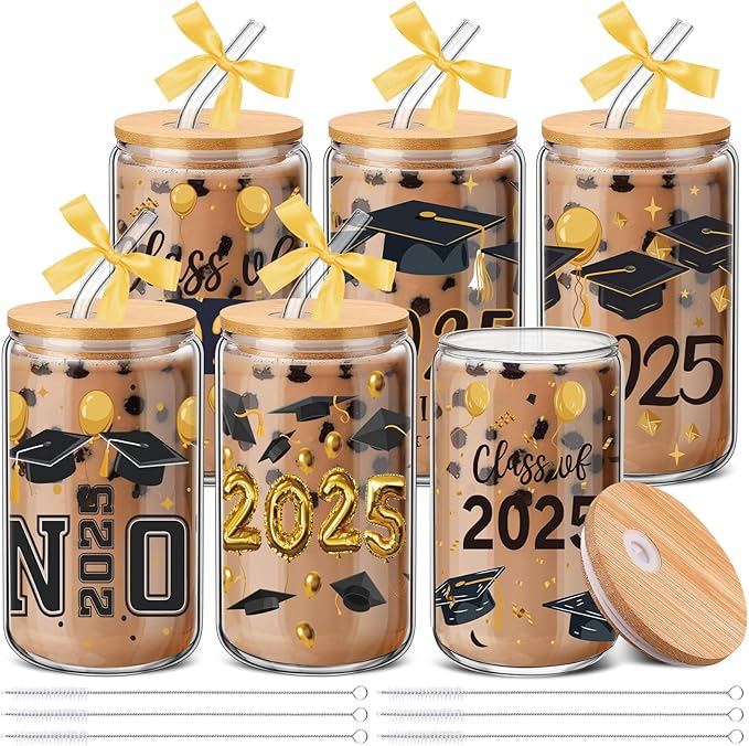 6 Pcs 2025 Graduation Gifts Class of 2025 Graduation Glass Cups with Lids and Straws 16 oz Grad Drinking Tumbler Graduate Iced Coffee Cup for College High School Student Grad Party Favor Gift