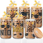 6 Pcs 2025 Graduation Gifts Class of 2025 Graduation Glass Cups with Lids and Straws 16 oz Grad Drinking Tumbler Graduate Iced Coffee Cup for College High School Student Grad Party Favor Gift