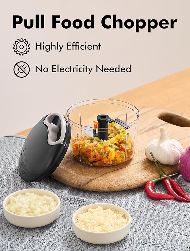 GDL Food Chopper, Pull Onion Chopper Dicer, Hand Powered Food Chopper, Fast Cutting Hand Chopper Mincer for Oinon, Garlic, Nut, 3.4 Cups 0.8L, Black