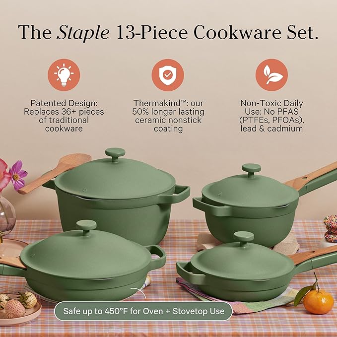 Our Place Cookware Set - 13-Piece Kit Including the Always Pan, Perfect Pot and Spatulas | Multifunctional, Toxin-Free Nonstick | Heat Safe up to 450°F | Oven, Stove, Induction Compatible | Sage