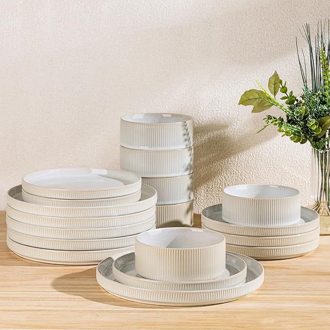 TheTerra Ceramic Dinnerware Sets for 6, 18 Pieces Porcelain Lightweight Plates and Bowls Sets, Scratch Resistant Dish Set, Oven & Microwave & Dishwasher Safe