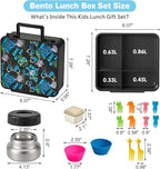 Bento Lunch Box with 9.5 oz Soup Thermo, Kids Leakproof 4 Compartments Bento Box with Silicone Cupcake,Fruit Fork,Spoon and Sauce Cup,Insulated Food Jar for School Travel-Game