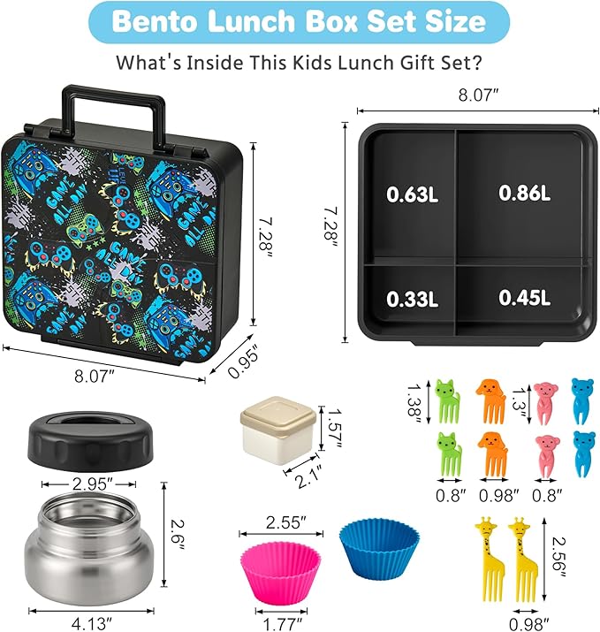 Bento Lunch Box with 9.5 oz Soup Thermo, Kids Leakproof 4 Compartments Bento Box with Silicone Cupcake,Fruit Fork,Spoon and Sauce Cup,Insulated Food Jar for School Travel-Game
