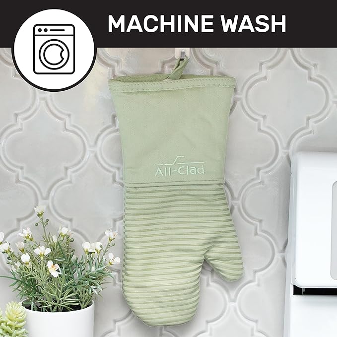 All-Clad Silicone Oven Mitts: Heat Resistant up to 500 Degrees - 100% Cotton & Silicone, 14"x7" Oven Mitt for Kitchen and Barbeque, 2-Pack, Fennel