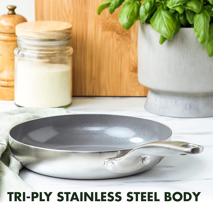 GreenPan Chatham Tri-Ply Stainless Steel Healthy Ceramic Nonstick 8" Frying Pan Skillet, PFAS-Free, Induction Suitable, Dishwasher Safe, Silver