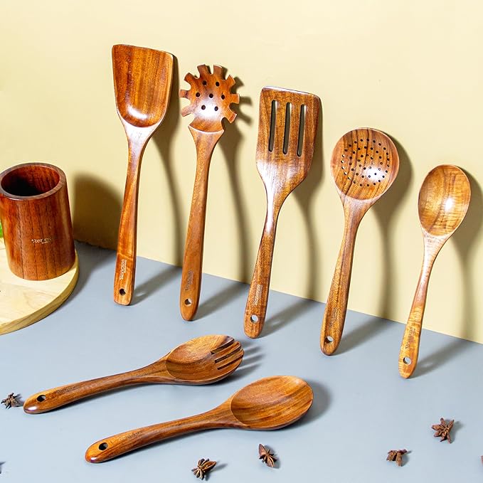 Wooden Spoons for Cooking Utensils, Natural Teak Wooden Cooking Spoons with Nonstick Spatula Set, Bamboo Kitchen Utensils With Holder, Wood Spoon Set for Kitchen Essentials (9)