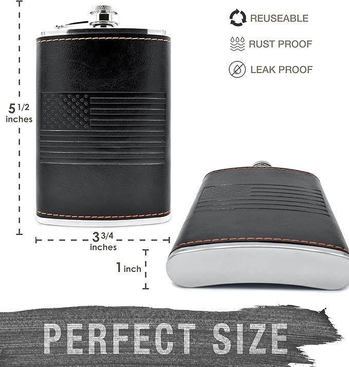 Leather American Flag Hip Flask - Leak Proof Food Grade Stainless Steel for Whiskey or Bourbon Liquor | Bonus Funnel (USA 8 Ounce Flask, Black Leather Wrap)
