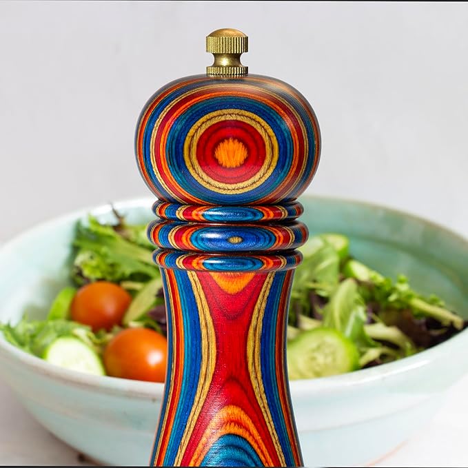 Baltique Montego Bay Pepper Grinder – 8 Inch Colorful Wooden Pepper Mill with Adjustable Stainless Steel Grinding Mechanism – Manual Wood Pepper Grinder for Kitchen or Table Use