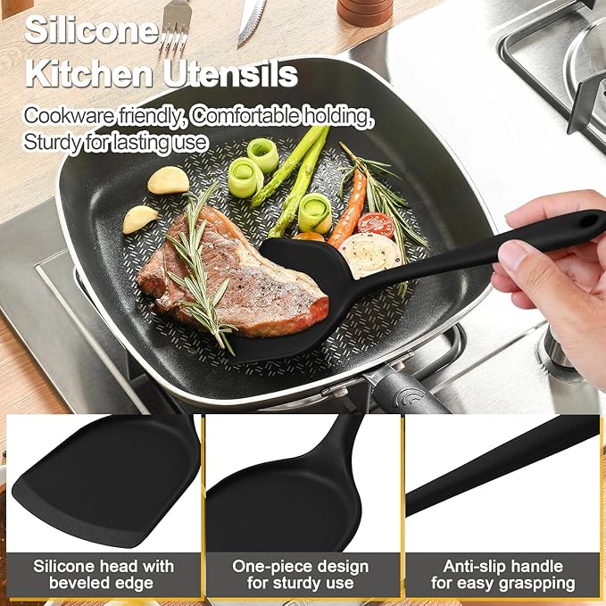 P&P CHEF Kitchen Utensil Set, 4 Pieces Non-stick Silicone Cooking Utensils, Heat-resistant Slotted Solid Spoon Turner for Frying, Mixing, Serving, Non-toxic & Easy to Clean, Black