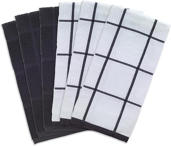 T-fal Solid & Checked Parquet Kitchen Towels: Highly Absorbent, Super Soft Long Lasting - 100% Cotton, 16"x26" Dish Towels for Cleaning & Drying Dishes, Pans, Glassware, Countertops, 6-Pack, Charcoal