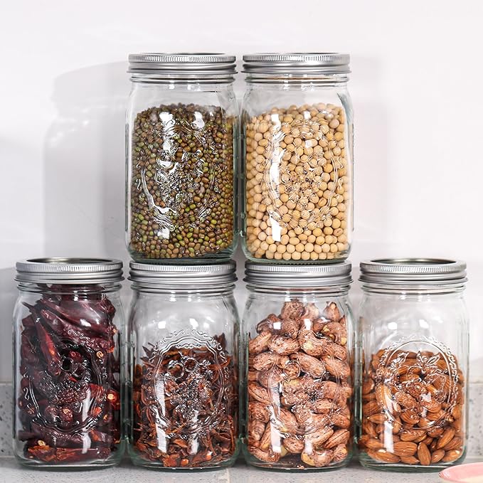 Mason Jars 32 oz Wide Mouth - 12 Pack Quart Glass Mason Jars with Airtight Lids and Bands for Canning, Pickling, Food Storage, Fermenting, Leak Proof, Reusable