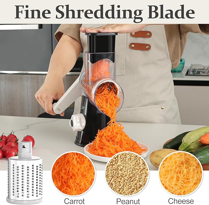 Cambom 5 in 1 Rotary Cheese Grater Hand Crank Cheese Shredder for Fresh Cheese, Vegetable, Nuts,Non-slip Suction Base, Black