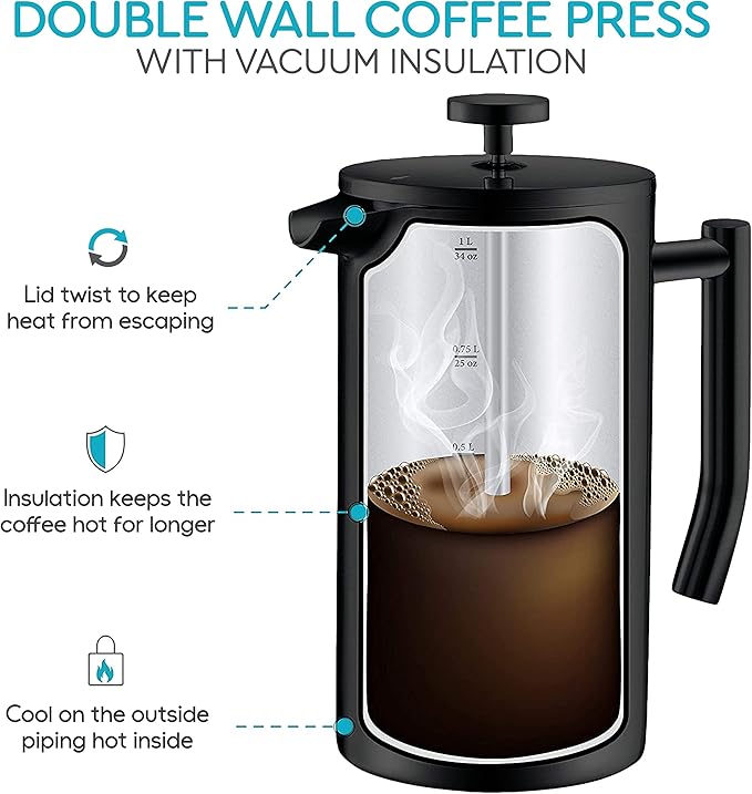 Belwares French Press Coffee Maker 50 OZ - Large Insulated Stainless Steel 304 Coffee Press with Double Wall & 4-Level Filtration System (Black - 1.5L)