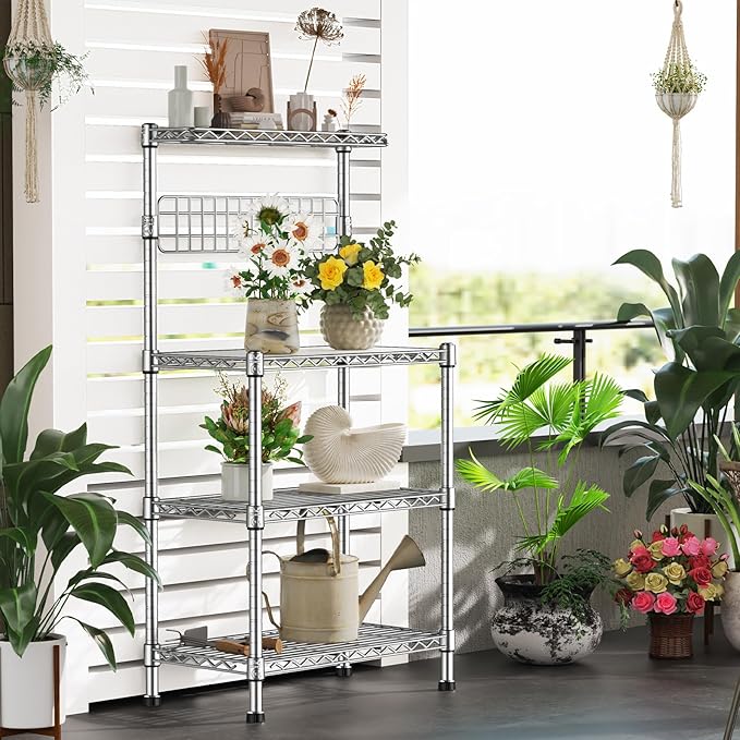 Leteuke Bakers Rack for Kitchen with Storage, NSF Certified 4-Tier Adjustable Coffee Bar with Wheels 10 S-Hooks Microwave Stand Kitchen Storage Shelf Metal Storage Rack 30 x 14 x 59 Inches, Chrome