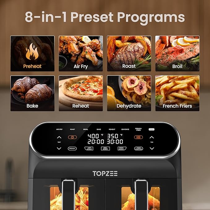 8 Quart Large Air Fryer - Dual Basket Airfryer with Easy View Windows, Preheat, Air Fry, Roast, Broil, Bake, Dehydrate, 2 Independent 4 QT Nonstick Dishwasher Safe Baskets, Black