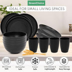Wheat Straw Dinnerware Sets for 4 - GreenChoice Lightweight & Unbreakable Dishes Microwave & Dishwasher Safe Perfect for Camping, Picnic, RV, Dorm Plates, Cups and Bowls (Black)