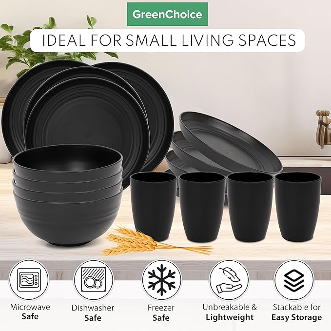 Wheat Straw Dinnerware Sets for 4 - GreenChoice Lightweight & Unbreakable Dishes Microwave & Dishwasher Safe Perfect for Camping, Picnic, RV, Dorm Plates, Cups and Bowls (Black)