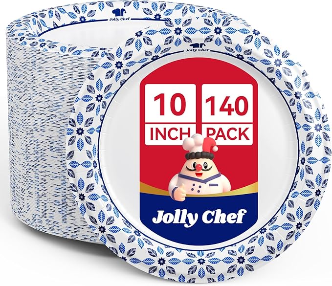 JOLLY CHEF 10 inch Disposable Paper Plates 140 Count, Soak Proof, Cut Proof, Heavy Duty Paper Plates for Everyday Use