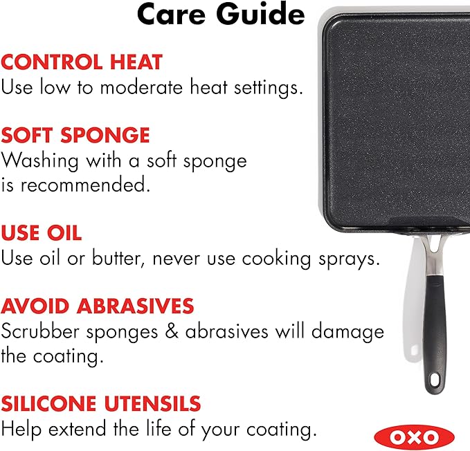 OXO 11” Non-Stick Every Day Square Griddle, BPA-Free Comfort Grip Silicone Handle, Dishwasher & Oven Safe, PFAS-Free Ceramic Skillet, Pancake Pan, Black