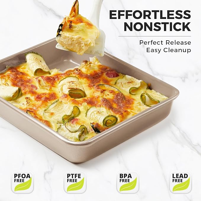 HONGBAKE Deep Baking Pans Set of 3, Nonstick Rectangle Sheet Cake Pans, 13/11/9 Inch Metal Oven Tray for Cooking Lasagna Brownie, Stackable Multi-Depth Bakeware, Golden