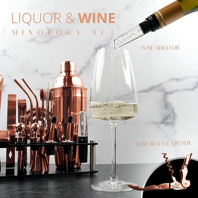 Mixology Bartender Kit – 24 Piece Rose Gold Cocktail Shaker Set w/Stand – Essential Home Bar Accessories Martini Shaker, Jigger, Muddler, Chilling Cubes & More