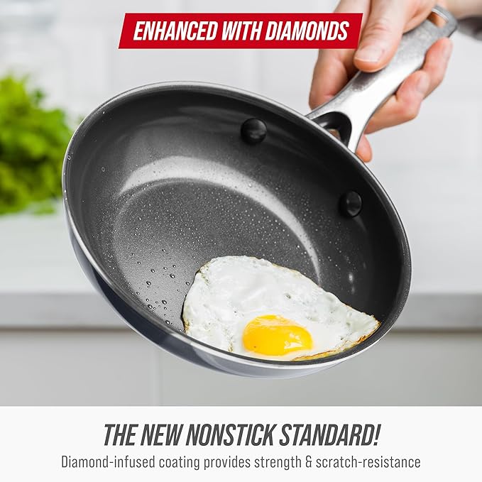 Blue Diamond 8" Nonstick Frying Pan Skillet, Diamond Infused PFAS & PTFE-Free Ceramic Pot, Dishwasher & Oven Safe, Stay Cool Handle, Durable Non Toxic Metal Utensil Safe, Egg & Omelet Pan, Gray