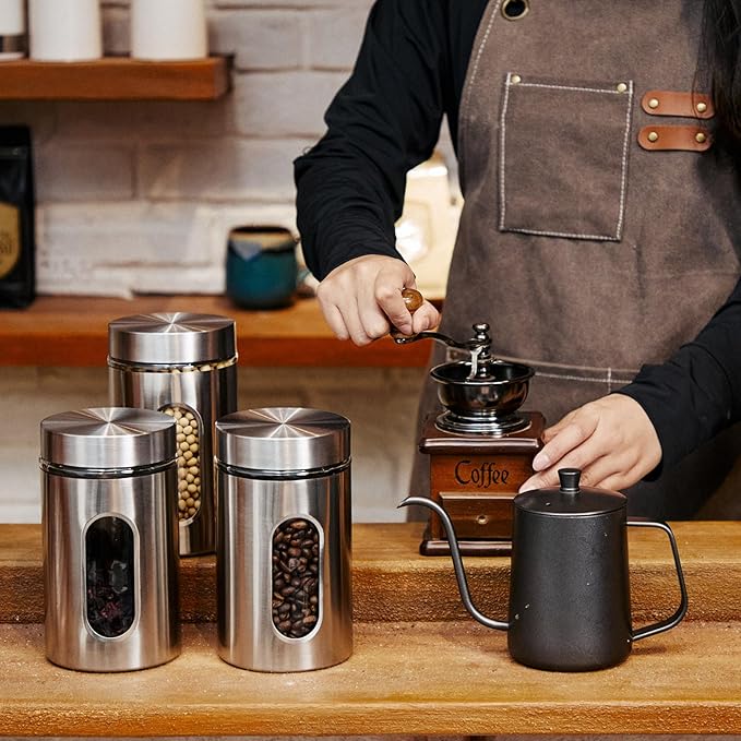 6 Pack Kitchen Canisters Set Airtight Coffee Sugar Tea Candy Storage Jars with Window Glass Stainless Steel Containers with Lids for Flour Cookies Spices Grains Kitchen Decorations(32 oz)