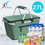 Picnic Basket, SIYUAN Collapsible Shopping Basket with Handles 27L Large Market Basket with Lid Reusable Folding Grocery Basket Insulated Cooler Bag, Green