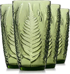 Vintage Green Drinking Glasses Set of 4 – 16 oz Hand-Blown Glass Tumblers, Heavy Textured Highball Cups, Antique-Style Colored Glassware, Retro Boho Aesthetic Drinkware – Unique Housewarming Gift