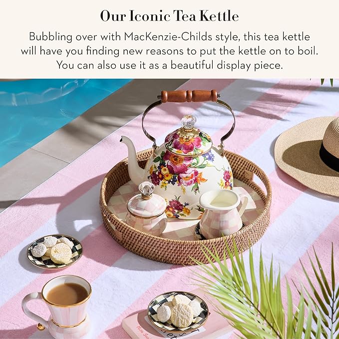 MACKENZIE-CHILDS Enamel Tea Kettle, Stylish Tea Kettle for Stovetop, White Flower Market, 3 Quarts