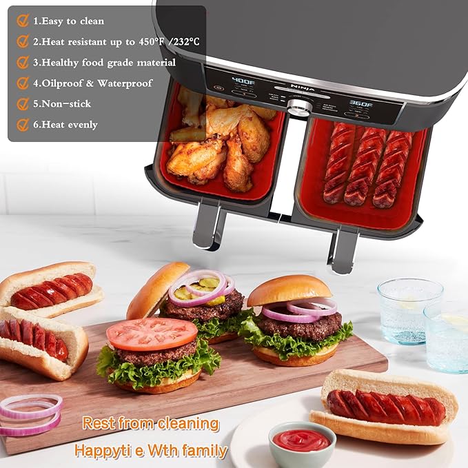 WMKGG Silicone Air Fryer Liners, 2PCS Reusable Rectangular Air Fryer Silicone Liners, Non-Stick Basket Accessories for Ninja Foodi Dual DZ201/DZ401 8-10QT