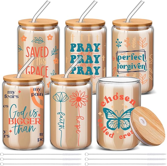 6 Pcs Christmas Jesus Christian Glasses 16 oz Drinking Glass Cup with Bamboo Lid and Glass Straw Can Shaped Beer Tumbler for Women Teenager Birthday Party Favor Christmas Appreciation Gift